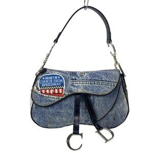 Auth DIOR/ChristianDior Double Saddle Bag Blue Red Multi Canvas Leather Handbag